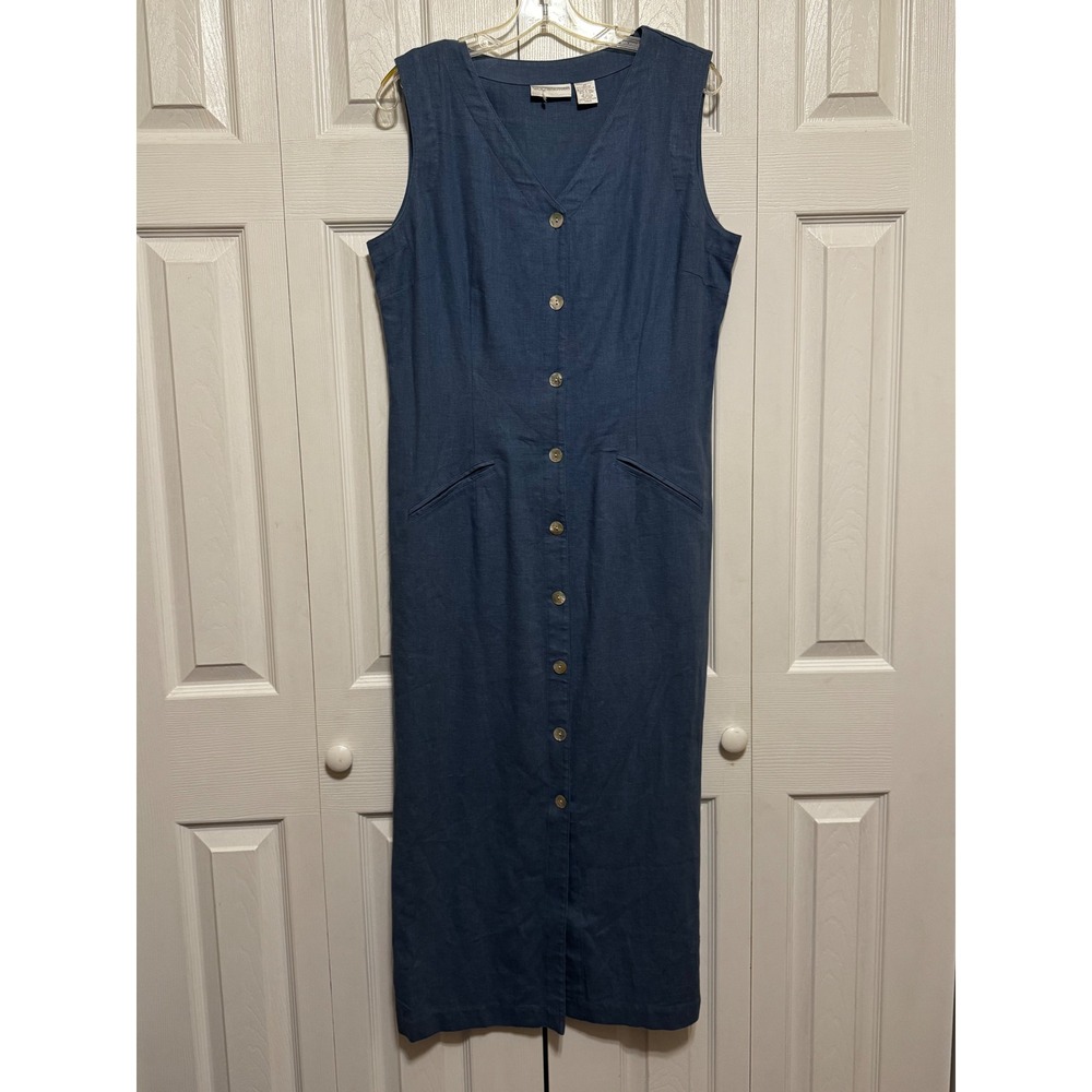 Worthington Vintage Blue Linen Rayon Button Front Maxi Dress Pocket 14